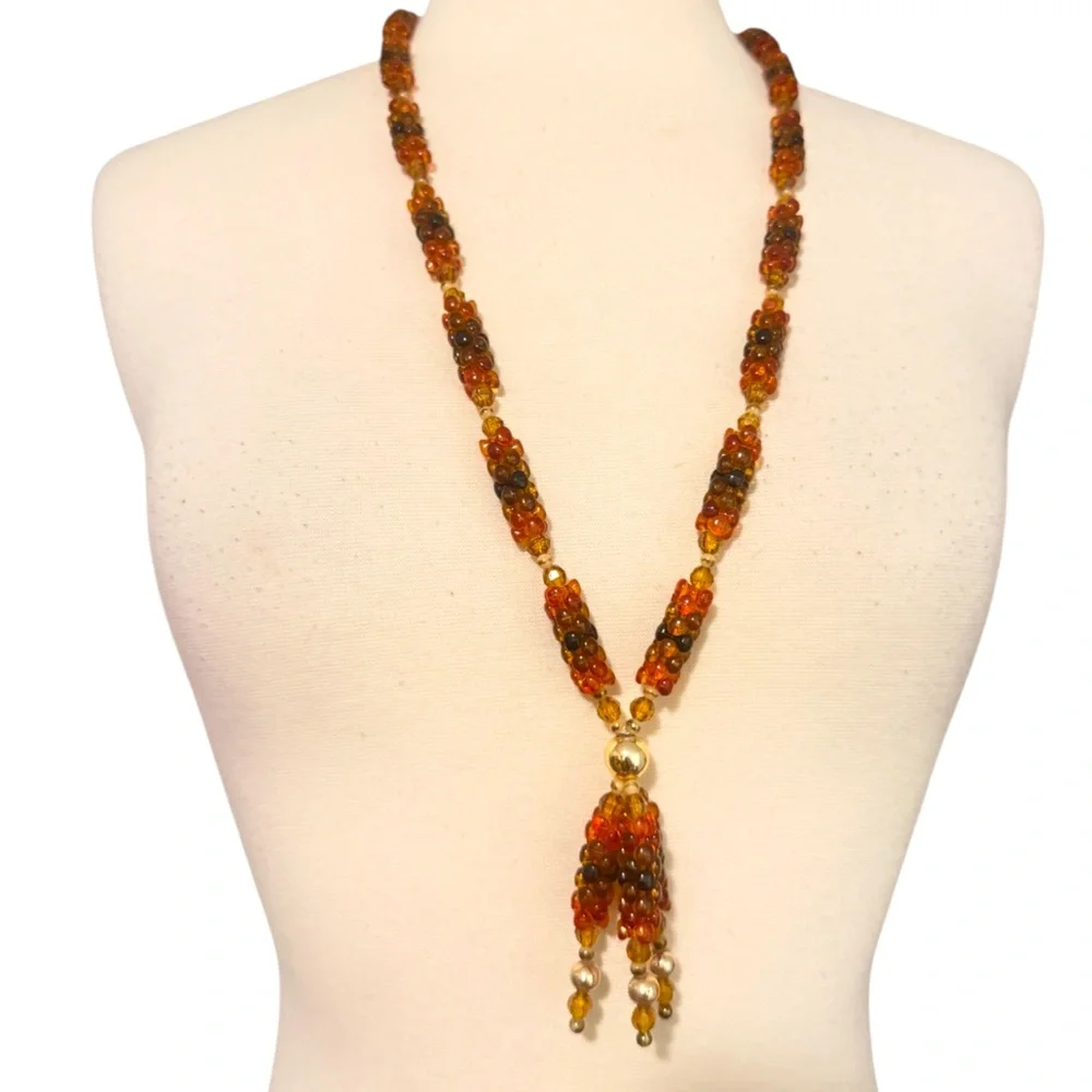 Vintage Boho Beaded Necklace with‎ Tassles, Earthtones